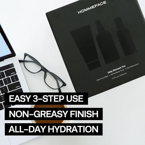 HommeFace Men's Daily Trio 3-Step Skincare Set - Face Wash, Herbal Spray Toner & Moisturizer with CICA, Tea Tree Leaf & Witch Hazel Extracts for All Skin Types Avelisse
