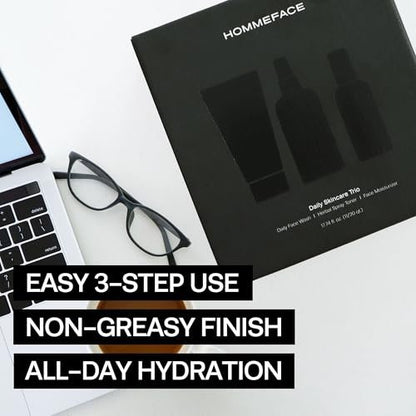 HommeFace Men's Daily Trio 3-Step Skincare Set - Face Wash, Herbal Spray Toner & Moisturizer with CICA, Tea Tree Leaf & Witch Hazel Extracts for All Skin Types Avelisse