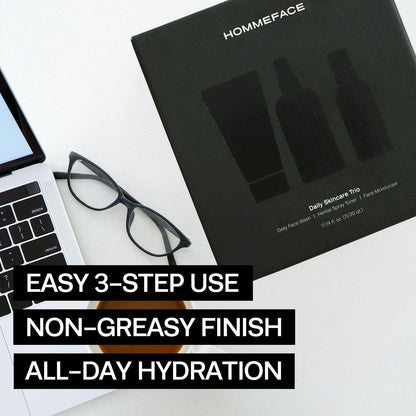 HommeFace Men's Daily Trio 3-Step Skincare Set - Face Wash, Herbal Spray Toner & Moisturizer with CICA, Tea Tree Leaf & Witch Hazel Extracts for All Skin Types Avelisse