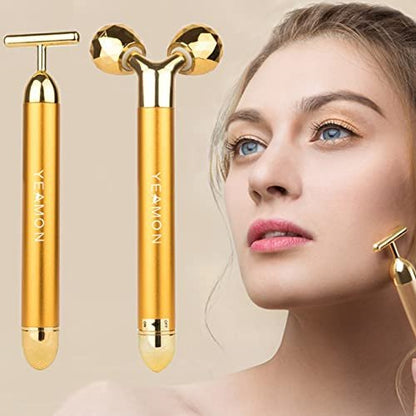 Yeamon 2 in 1 Face Massager – Golden Facial Electric 3D Roller & T-Shape Arm Eye Nose Massager for Skin Care Avelisse