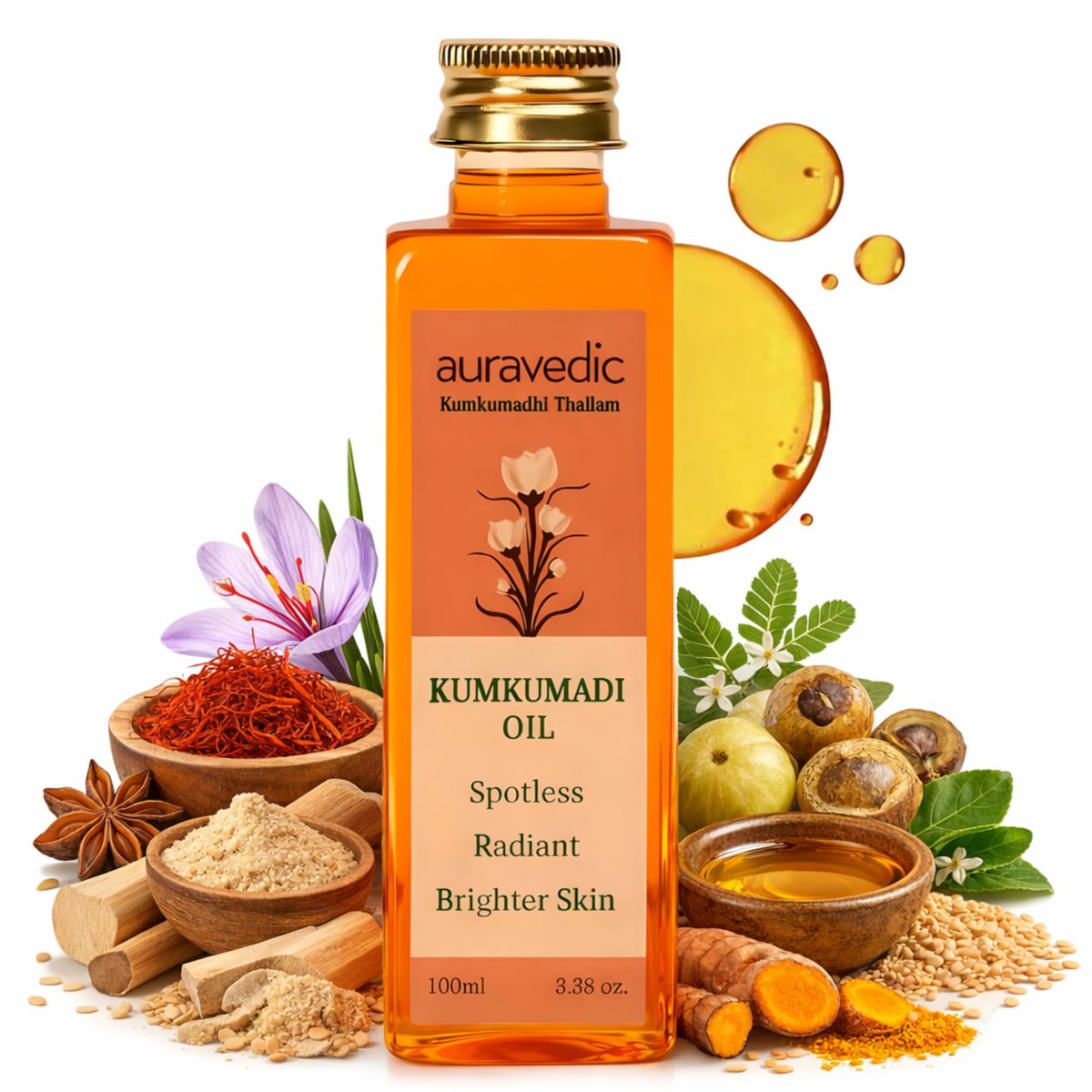 Auravedic Kumkumadi Oil for Face with Saffron | Ayurvedic Glow Oil for Dark Spots, Dull & Uneven Skin | Lightweight Hydrating Night Face Oil | 3.38 Fl Oz (100ml) - görsel 1