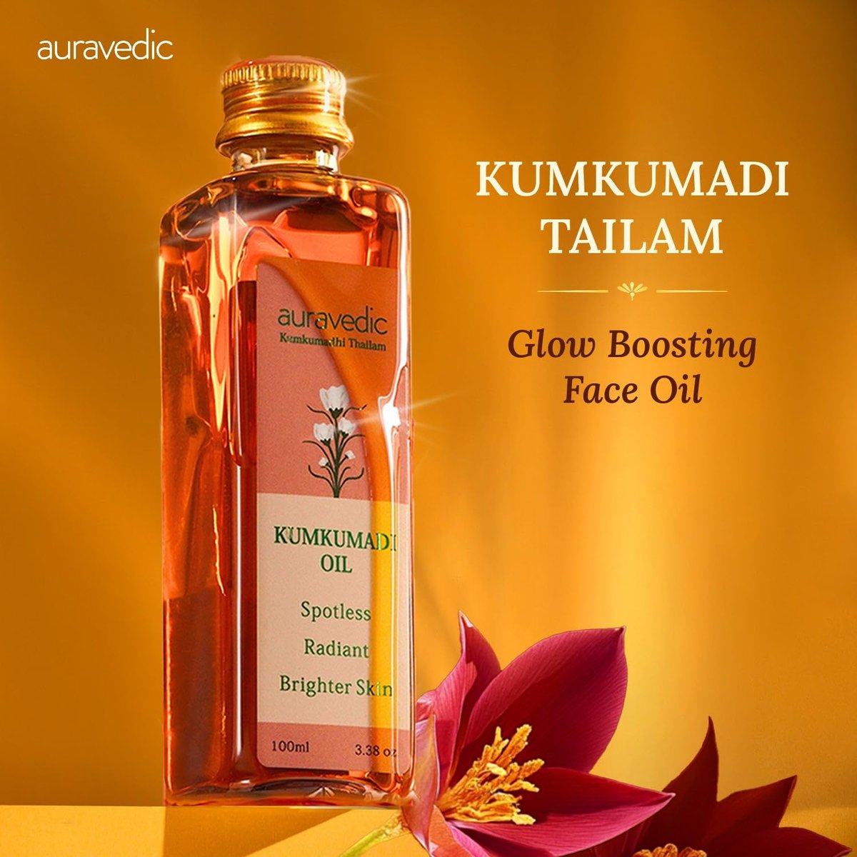 Auravedic Kumkumadi Oil for Face with Saffron | Ayurvedic Glow Oil for Dark Spots, Dull & Uneven Skin | Lightweight Hydrating Night Face Oil | 3.38 Fl Oz (100ml) - görsel 3