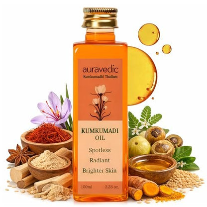 Auravedic Kumkumadi Oil for Face with Saffron | Ayurvedic Glow Oil for Dark Spots, Dull & Uneven Skin | Lightweight Hydrating Night Face Oil | 3.38 Fl Oz (100ml)