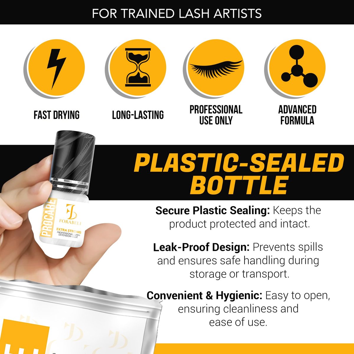 Forabeli Pro Care Eyelash Extension Glue - Professional Lash Adhesive, Fast Drying 1-2 Seconds, Up to 8 Weeks Retention, Black 5ml Avelisse