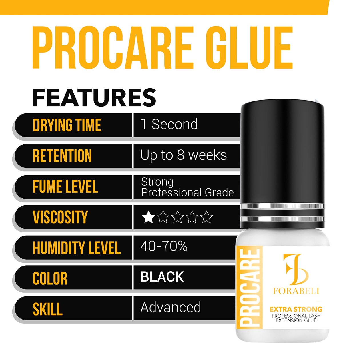 Forabeli Pro Care Eyelash Extension Glue - Professional Lash Adhesive, Fast Drying 1-2 Seconds, Up to 8 Weeks Retention, Black 5ml Avelisse