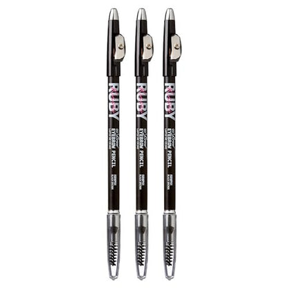 Ruby Kisses GoBrow Eyebrow Pencil - Sharpenable, Longwear, Natural-Looking Brows - 3 Pack (Black Brown)