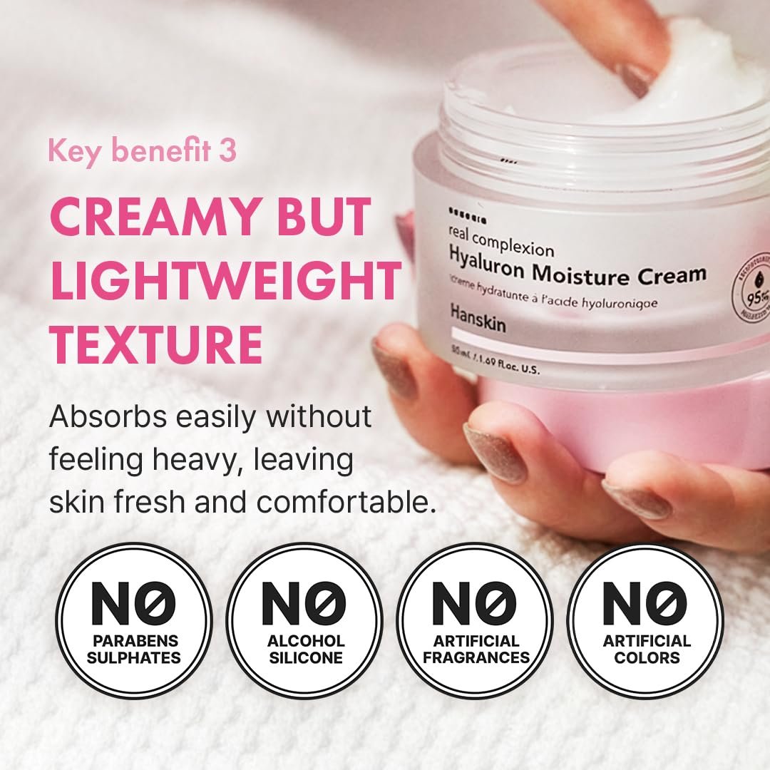 Hanskin Real Complexion Hyaluronic Moisture Cream - Hydrating Face Moisturizer with Hyaluronic Acid, Niacinamide & Vitamin E for Sensitive & Dry Skin, Korean Skincare, 1.69 fl.oz. Avelisse