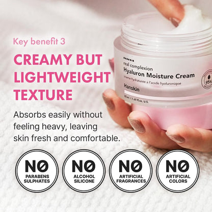 Hanskin Real Complexion Hyaluronic Moisture Cream - Hydrating Face Moisturizer with Hyaluronic Acid, Niacinamide & Vitamin E for Sensitive & Dry Skin, Korean Skincare, 1.69 fl.oz. Avelisse