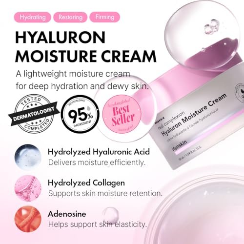 Hanskin Real Complexion Hyaluronic Moisture Cream - Hydrating Face Moisturizer with Hyaluronic Acid, Niacinamide & Vitamin E for Sensitive & Dry Skin, Korean Skincare, 1.69 fl.oz. Avelisse