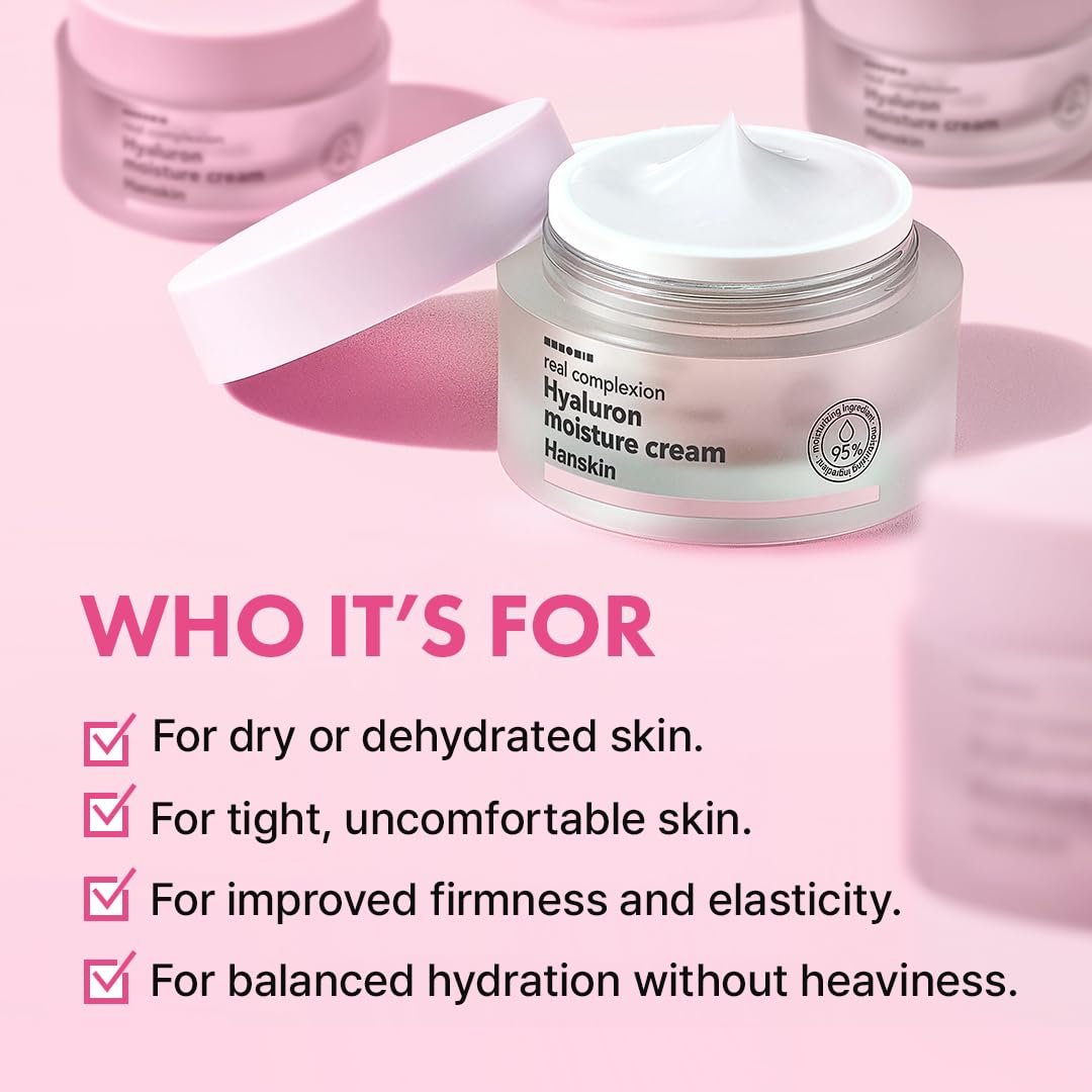 Hanskin Real Complexion Hyaluronic Moisture Cream - Hydrating Face Moisturizer with Hyaluronic Acid, Niacinamide & Vitamin E for Sensitive & Dry Skin, Korean Skincare, 1.69 fl.oz. Avelisse