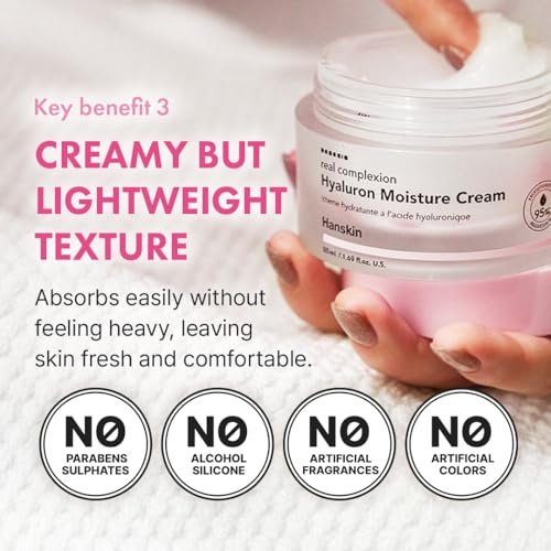 Hanskin Real Complexion Hyaluronic Moisture Cream - Hydrating Face Moisturizer with Hyaluronic Acid, Niacinamide & Vitamin E for Sensitive & Dry Skin, Korean Skincare, 1.69 fl.oz. Avelisse