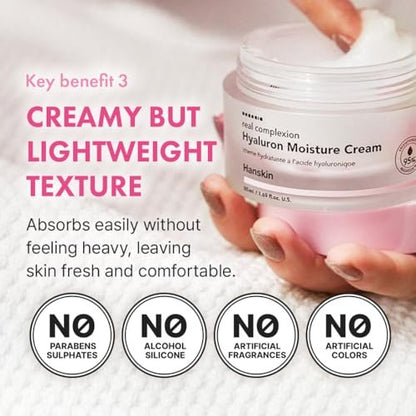 Hanskin Real Complexion Hyaluronic Moisture Cream - Hydrating Face Moisturizer with Hyaluronic Acid, Niacinamide & Vitamin E for Sensitive & Dry Skin, Korean Skincare, 1.69 fl.oz. Avelisse