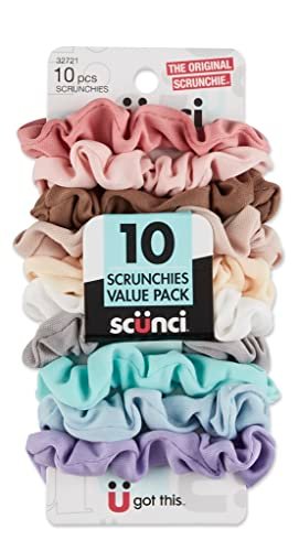 Scunci Value Pack No Damage Scrunchies - 10 Assorted Colors - Gentle Fabric Hair Ties for All Hair Types