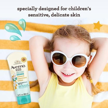 Aveeno Kids Continuous Protection Zinc Oxide Mineral Sunscreen Lotion SPF 50, Tear-Free, Sweat- & Water-Resistant, 3 fl. oz Avelisse