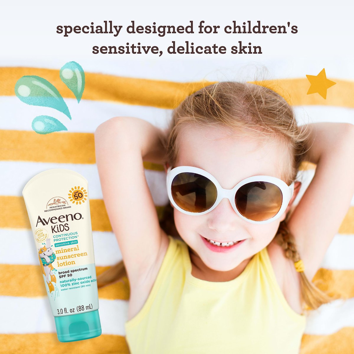 Aveeno Kids Continuous Protection Zinc Oxide Mineral Sunscreen Lotion SPF 50, Tear-Free, Sweat- & Water-Resistant, 3 fl. oz Avelisse