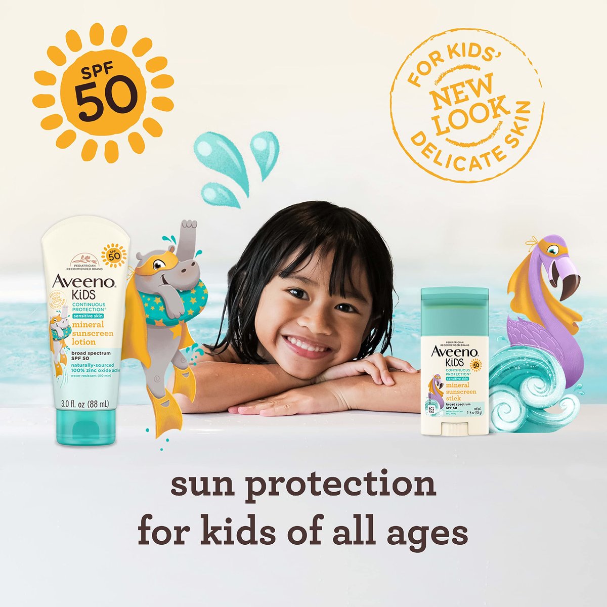 Aveeno Kids Continuous Protection Zinc Oxide Mineral Sunscreen Lotion SPF 50, Tear-Free, Sweat- & Water-Resistant, 3 fl. oz Avelisse