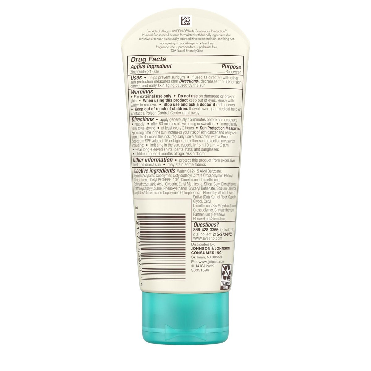 Aveeno Kids Continuous Protection Zinc Oxide Mineral Sunscreen Lotion SPF 50, Tear-Free, Sweat- & Water-Resistant, 3 fl. oz Avelisse