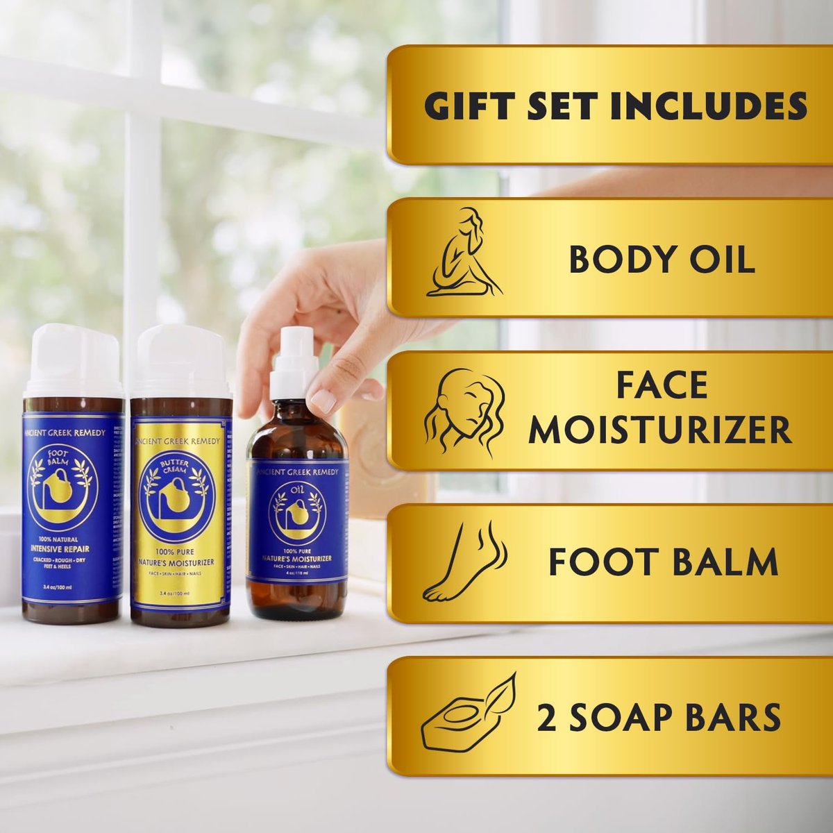 Ancient Greek Remedy Organic Spa Gift Set - Lavender Scented Body Oil, Face Moisturizer, Foot Balm & 2 Soap Bars for Women - Perfect for Christmas, Birthdays & Self Care Avelisse
