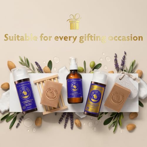 Ancient Greek Remedy Organic Spa Gift Set - Lavender Scented Body Oil, Face Moisturizer, Foot Balm & 2 Soap Bars for Women - Perfect for Christmas, Birthdays & Self Care Avelisse