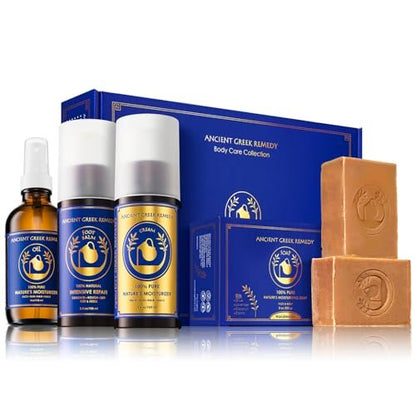 Ancient Greek Remedy Organic Spa Gift Set - Lavender Scented Body Oil, Face Moisturizer, Foot Balm & 2 Soap Bars for Women - Perfect for Christmas, Birthdays & Self Care Avelisse
