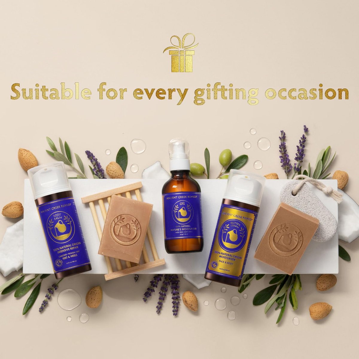Ancient Greek Remedy Organic Spa Gift Set - Lavender Scented Body Oil, Face Moisturizer, Foot Balm & 2 Soap Bars for Women - Perfect for Christmas, Birthdays & Self Care Avelisse