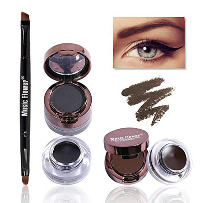 Music Flower Gel Eyeliner & Eyebrow Powder Duo - Black and Brown, Waterproof Smudgeproof Long Lasting Makeup with Brush and Mirror
