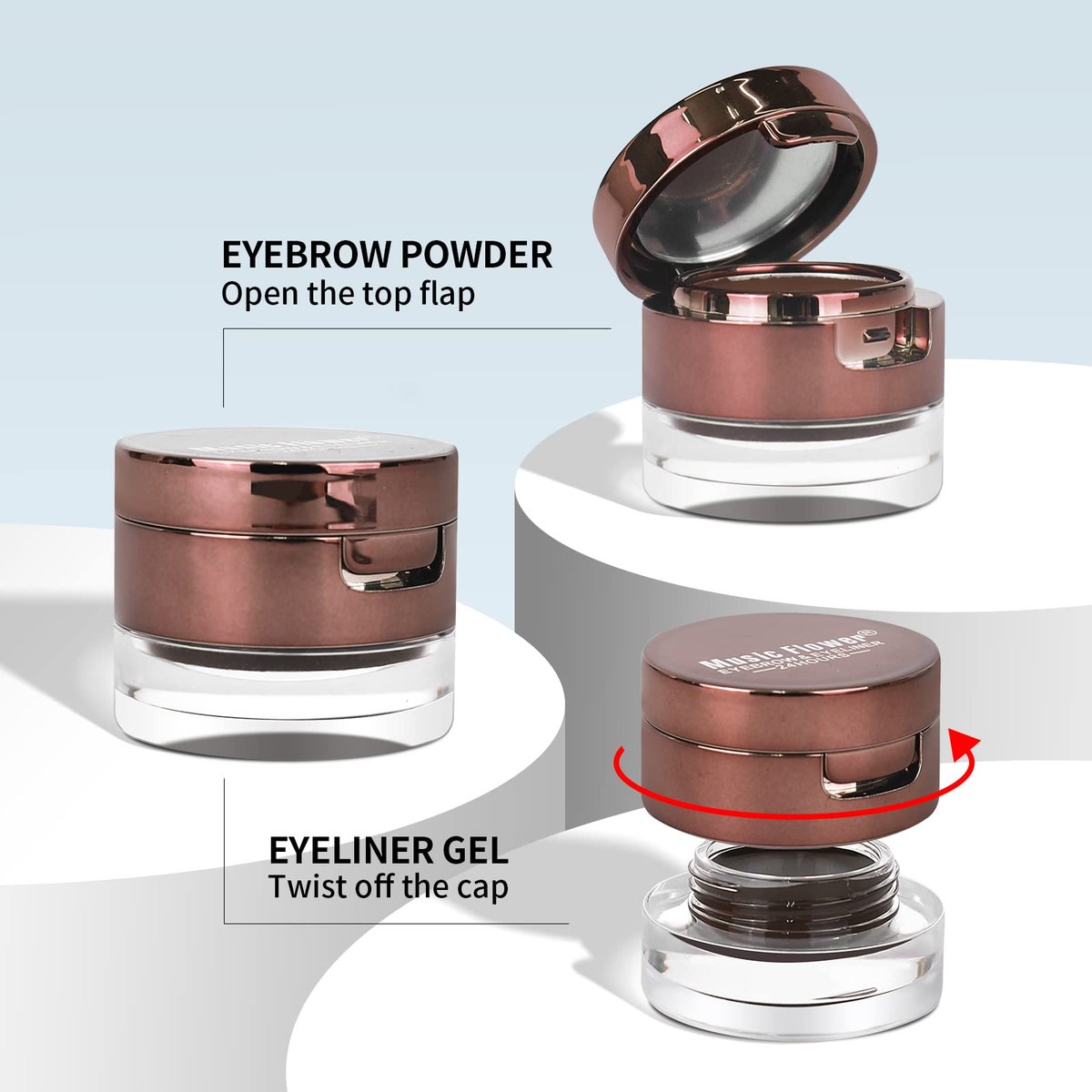 Music Flower Gel Eyeliner & Eyebrow Powder Duo - Black and Brown, Waterproof Smudgeproof Long Lasting Makeup with Brush and Mirror - görsel 3