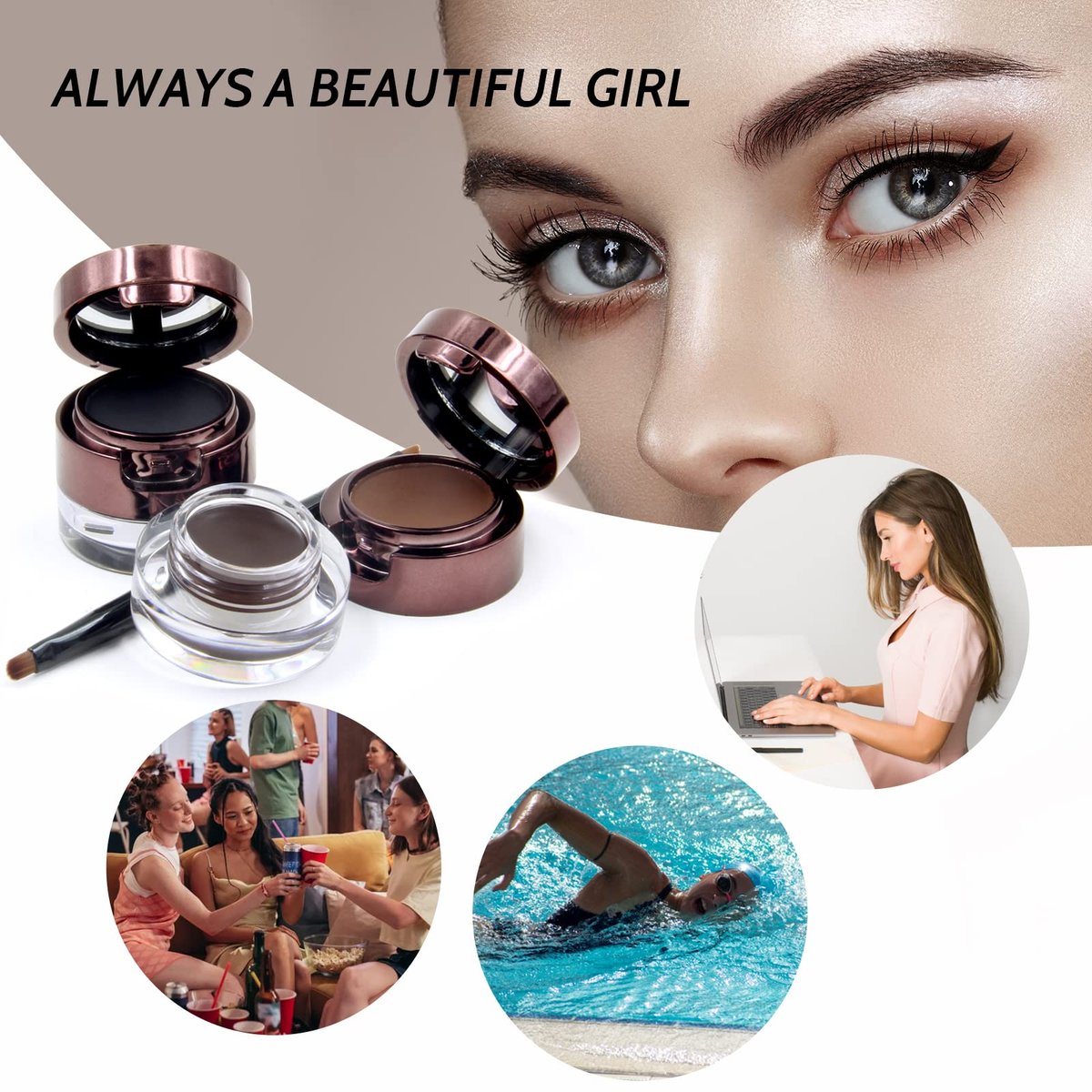 Music Flower Gel Eyeliner & Eyebrow Powder Duo - Black and Brown, Waterproof Smudgeproof Long Lasting Makeup with Brush and Mirror - görsel 11