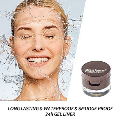 Music Flower Gel Eyeliner & Eyebrow Powder Duo - Black and Brown, Waterproof Smudgeproof Long Lasting Makeup with Brush and Mirror
