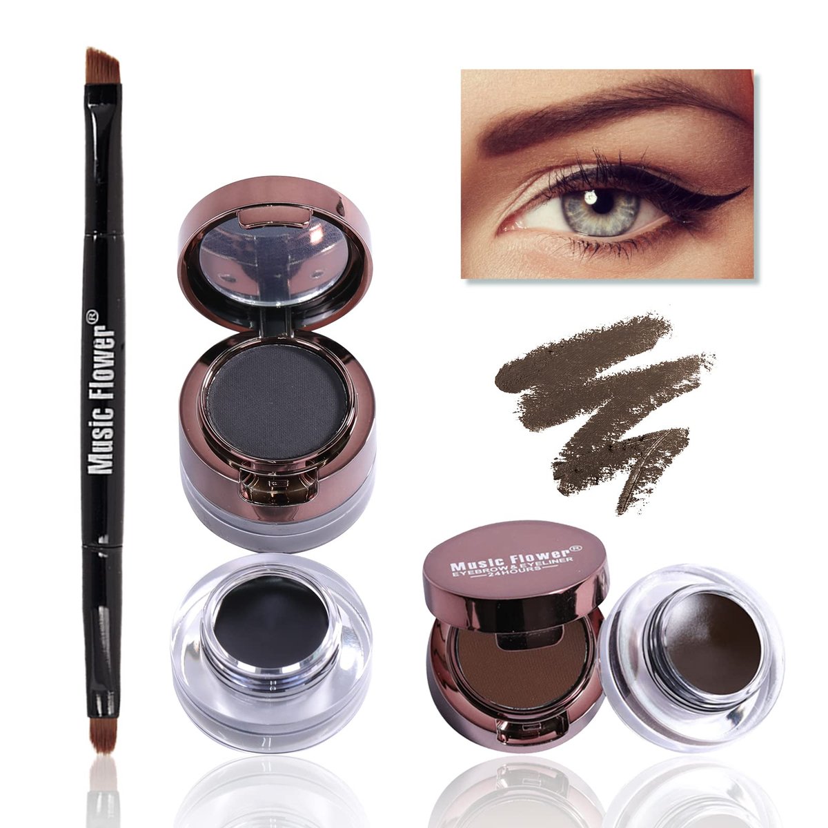 Music Flower Gel Eyeliner & Eyebrow Powder Duo - Black and Brown, Waterproof Smudgeproof Long Lasting Makeup with Brush and Mirror - görsel 1