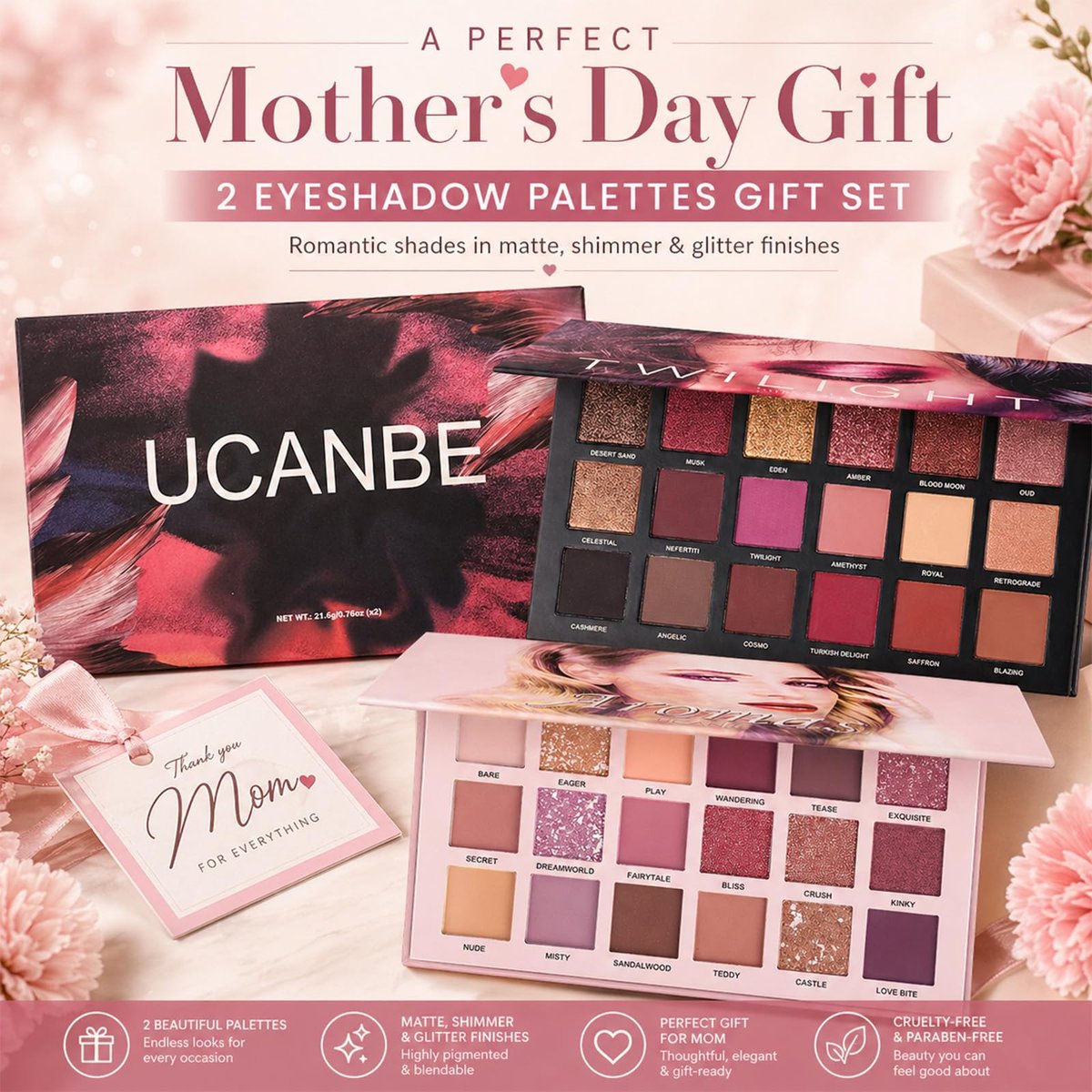 UCANBE 2-Piece Twilight Dusk + Aromas Nude Eyeshadow Palette Set - Highly Pigmented Matte, Shimmer & Glitter Pressed Powder Eye Shadow Kit with Natural Velvet Texture Avelisse