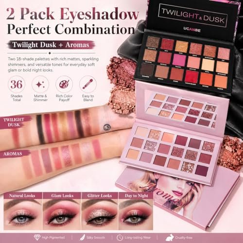 UCANBE 2-Piece Twilight Dusk + Aromas Nude Eyeshadow Palette Set - Highly Pigmented Matte, Shimmer & Glitter Pressed Powder Eye Shadow Kit with Natural Velvet Texture Avelisse