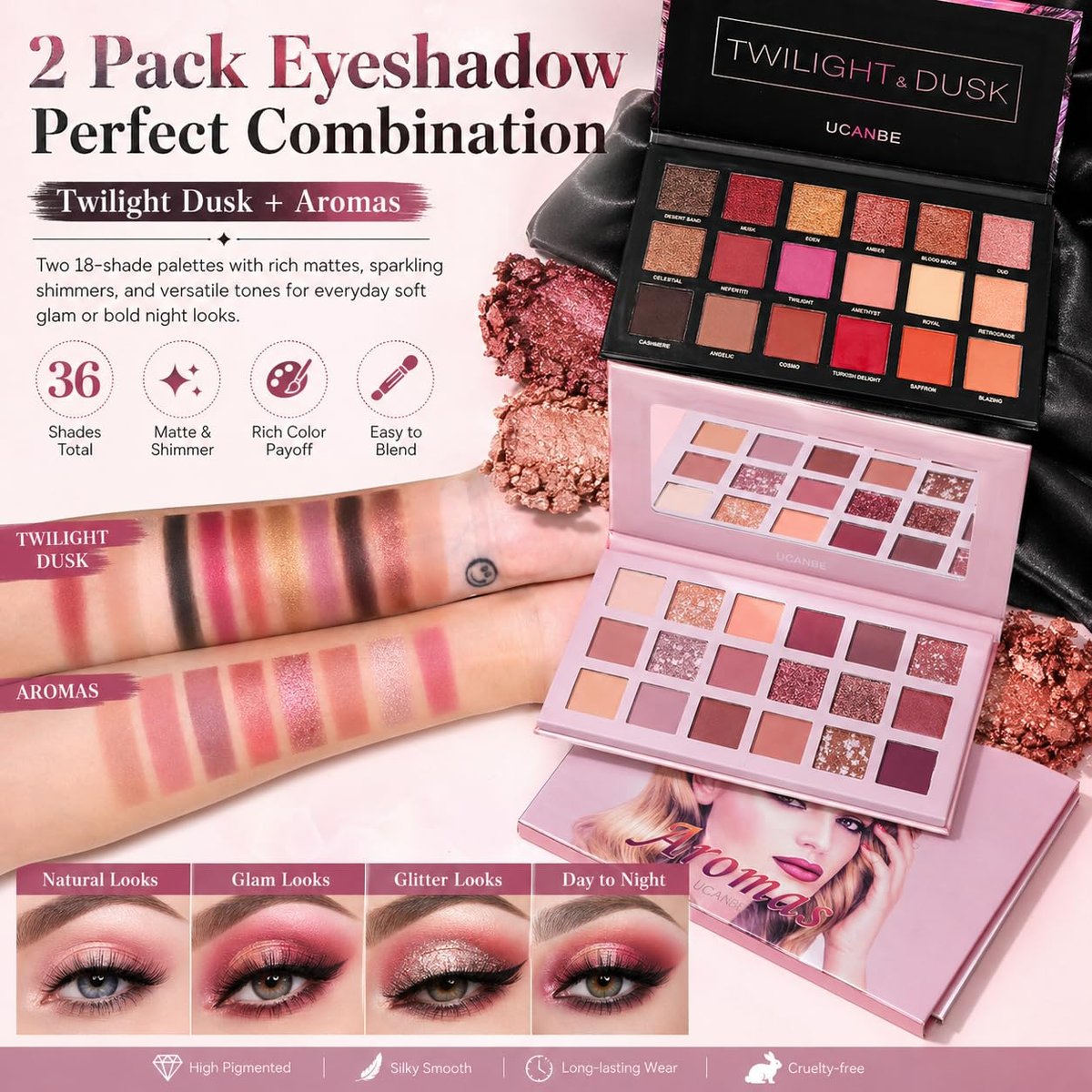 UCANBE 2-Piece Twilight Dusk + Aromas Nude Eyeshadow Palette Set - Highly Pigmented Matte, Shimmer & Glitter Pressed Powder Eye Shadow Kit with Natural Velvet Texture Avelisse