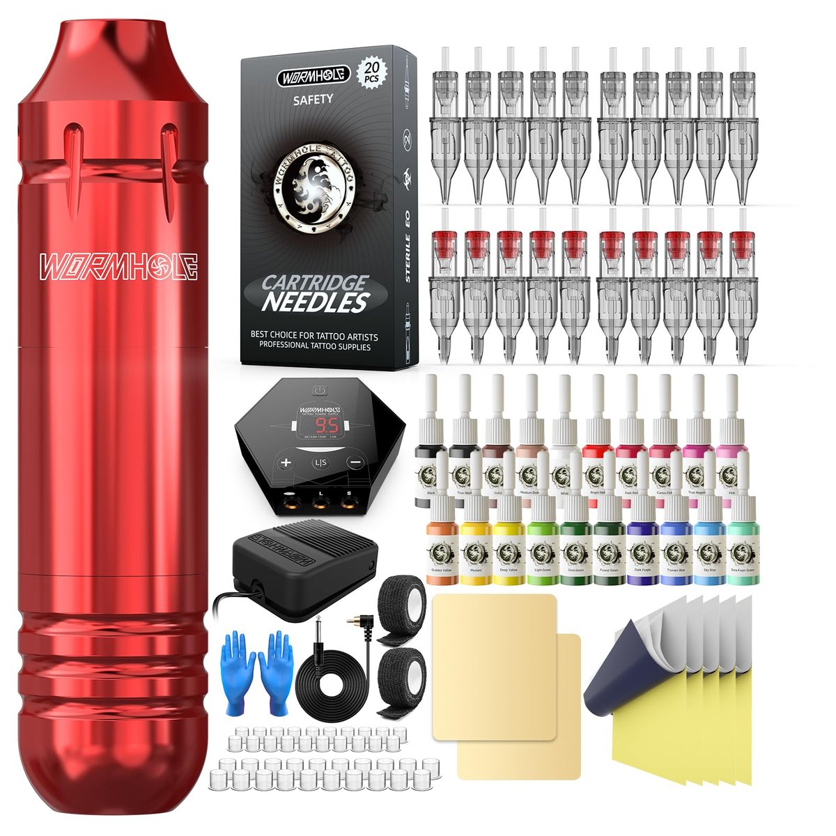 Wormhole Tattoo Kit for Beginners – Rotary Tattoo Pen Kit with 20 Color Inks, 20 Cartridge Needles & Power Supply for Tattoo Practice (Red, 105 Piece Set) Avelisse