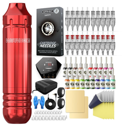 Wormhole Tattoo Kit for Beginners – Rotary Tattoo Pen Kit with 20 Color Inks, 20 Cartridge Needles & Power Supply for Tattoo Practice (Red, 105 Piece Set) Avelisse