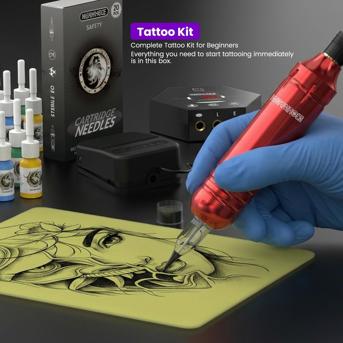 Wormhole Tattoo Kit for Beginners – Rotary Tattoo Pen Kit with 20 Color Inks, 20 Cartridge Needles & Power Supply for Tattoo Practice (Red, 105 Piece Set) Avelisse