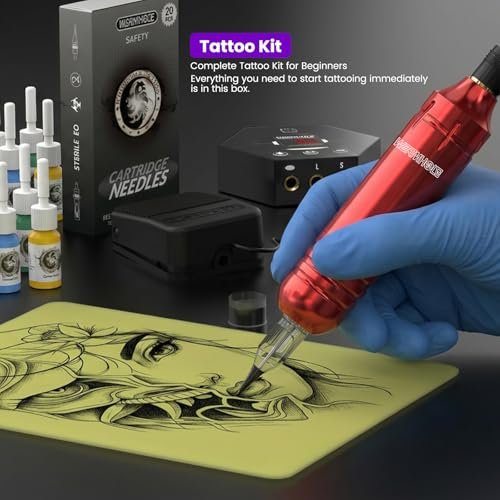 Wormhole Tattoo Kit for Beginners – Rotary Tattoo Pen Kit with 20 Color Inks, 20 Cartridge Needles & Power Supply for Tattoo Practice (Red, 105 Piece Set) Avelisse