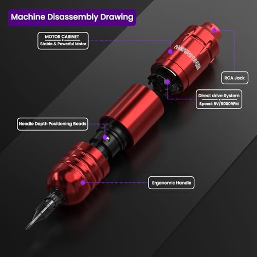 Wormhole Tattoo Kit for Beginners – Rotary Tattoo Pen Kit with 20 Color Inks, 20 Cartridge Needles & Power Supply for Tattoo Practice (Red, 105 Piece Set) Avelisse