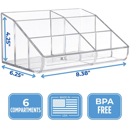 STORi Clear Plastic Vanity Makeup Organizer - 6-Compartment Holder for Brushes, Palettes & Beauty Supplies, Curved Front Design, Made in USA