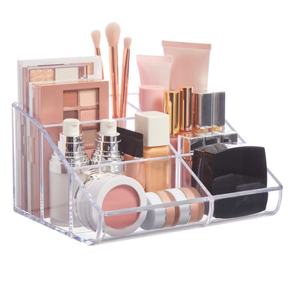 STORi Clear Plastic Vanity Makeup Organizer - 6-Compartment Holder for Brushes, Palettes & Beauty Supplies, Curved Front Design, Made in USA