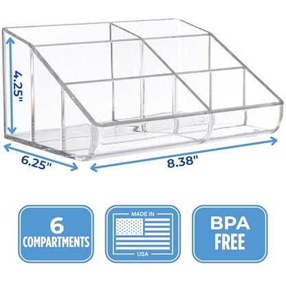 STORi Clear Plastic Vanity Makeup Organizer - 6-Compartment Holder for Brushes, Palettes & Beauty Supplies, Curved Front Design, Made in USA
