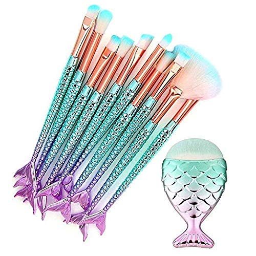 11-Piece Mermaid Colorful Makeup Brush Set - Synthetic Fiber & Nylon | LEDeng