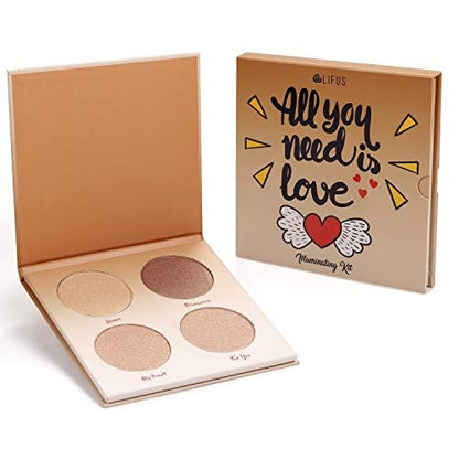 LIFUS Glow Kit 4-Color Illuminator Love Light Highlighter & Bronzer Shimmer Face Matte Palette