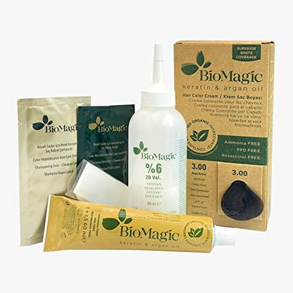 BioMagic Permanent Hair Color 3.00 Dark Brown - Ammonia Free with Keratin & Argan Oil, Organic Ingredients