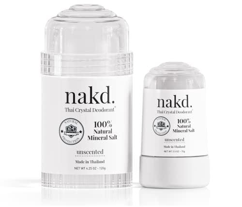 nakd. Thai Crystal Deodorant Stone – 2 Salt Crystal Deodorant Sticks, 4.25 oz. Regular + 2.5 oz. Travel Size – All Natural Unscented and Aluminum Free for Women & Men Avelisse