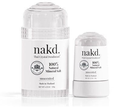 nakd. Thai Crystal Deodorant Stone – 2 Salt Crystal Deodorant Sticks, 4.25 oz. Regular + 2.5 oz. Travel Size – All Natural Unscented and Aluminum Free for Women & Men Avelisse