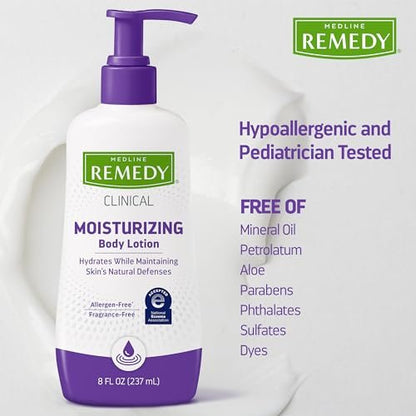 Medline Remedy Clinical Skin Cream Moisturizer, Fragrance-Free (8 fl oz) - Nourishing Hypoallergenic Lotion for Dry Skin, Paraben and Sulfate-Free