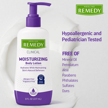 Medline Remedy Clinical Skin Cream Moisturizer, Fragrance-Free (8 fl oz) - Nourishing Hypoallergenic Lotion for Dry Skin, Paraben and Sulfate-Free