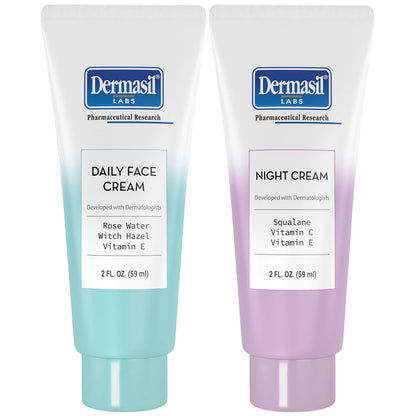 Dermasil Face Moisturizer Variety 2-Pack – Daily Face Cream with Witch Hazel and Rose Water + Night Cream with Vitamin C and Squalane, 2 Oz Each
