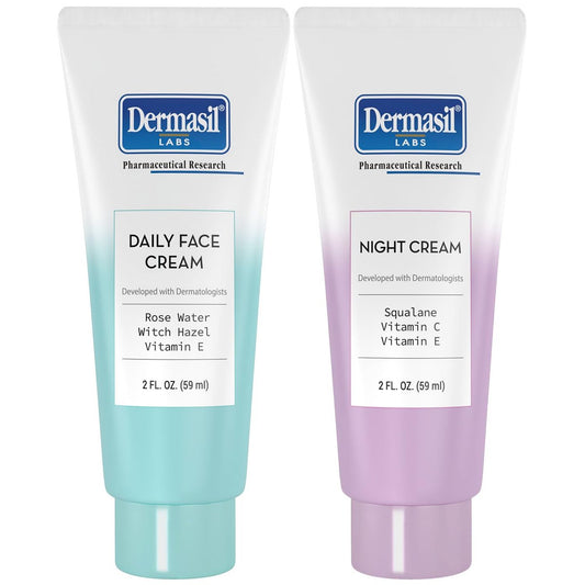 Dermasil Face Moisturizer Variety 2-Pack – Daily Face Cream with Witch Hazel and Rose Water + Night Cream with Vitamin C and Squalane, 2 Oz Each